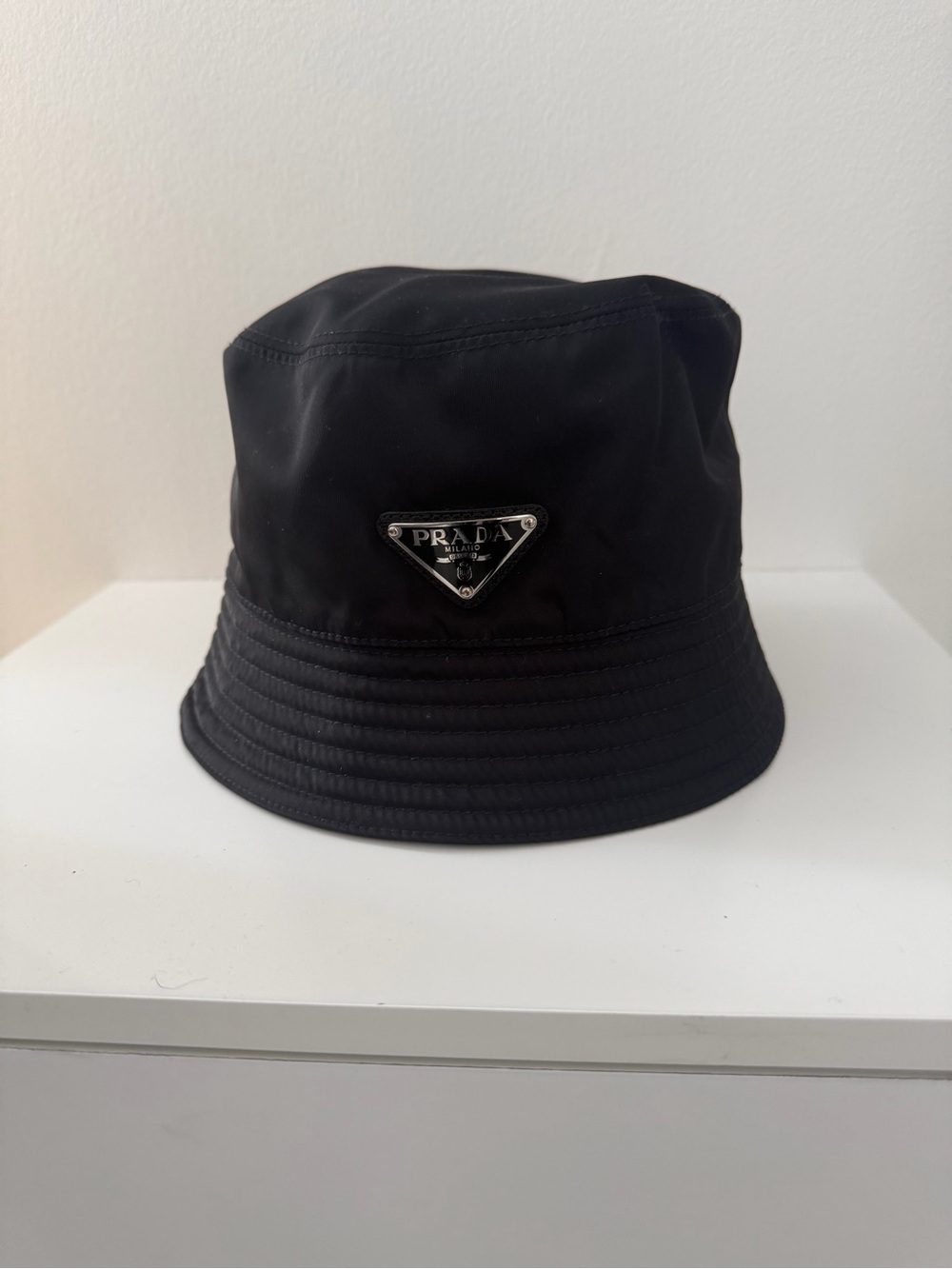 Prada Black Nylon Bucket Hat with Triangle Logo